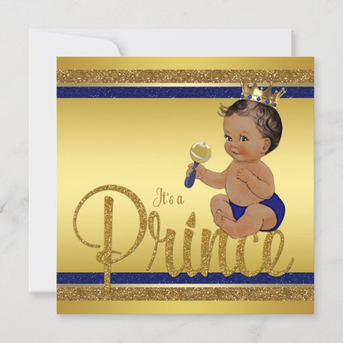 Royal Blue Gold Glitter Ethnic Prince Baby Shower Invitation