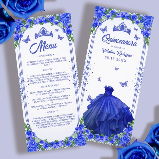 Royal Blue Gold Glitter Floral Quinceanera Menu (Royal Blue Gold Glitter Floral Quinceanera Menu)