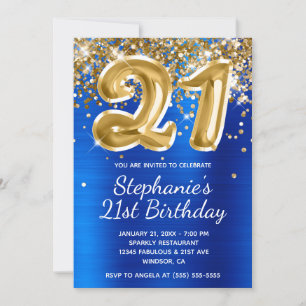 Royal Blue Gold Glitter Foil Balloon 21st Birthday Invitation