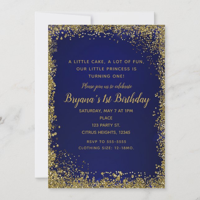 Royal Blue & Gold Glitter Glam 1ST Birthday Party Invitation (Front)