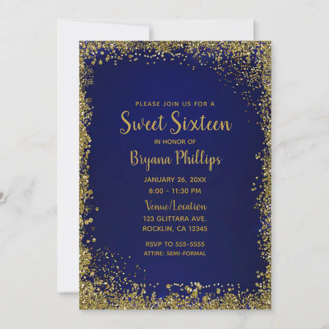 Royal Blue & Gold Glitter Glam Sweet 16 Party Invitation | Zazzle