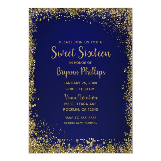 Royal Blue And Gold Glitter Glam Sweet 16 Party Invitation