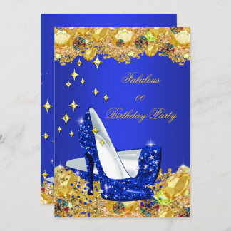 Royal Blue Gold Glitter High Heels Birthday Party Invitation