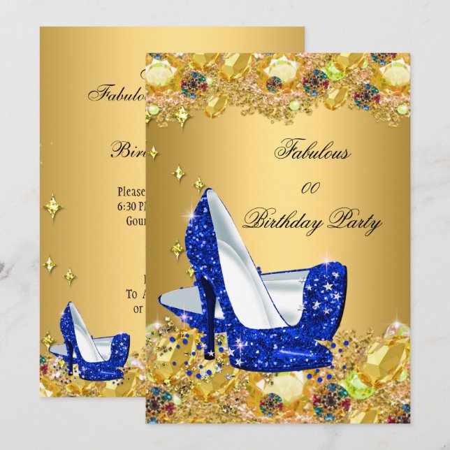 Royal Blue Gold Glitter High Heels Fabulous Party Invitation (Front/Back)