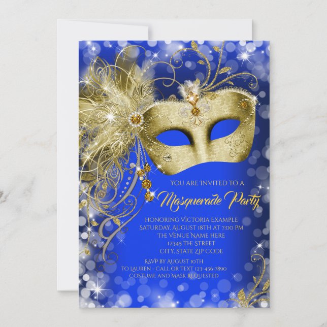 Royal Blue Gold Glitter Masquerade Party Invitation (Front)