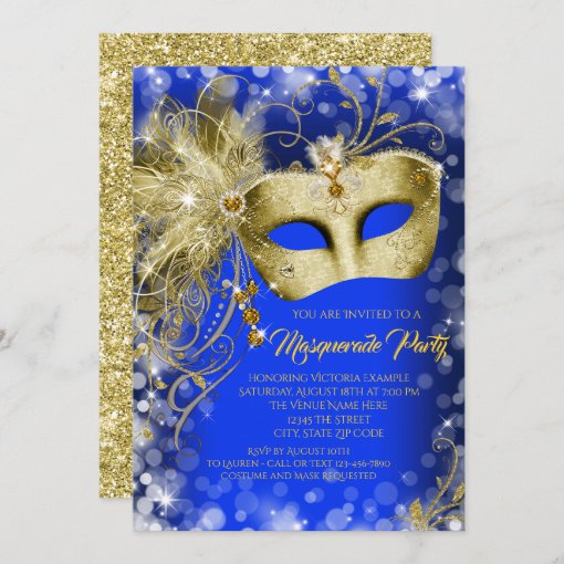 Royal Blue Gold Glitter Masquerade Party Invitation | Zazzle