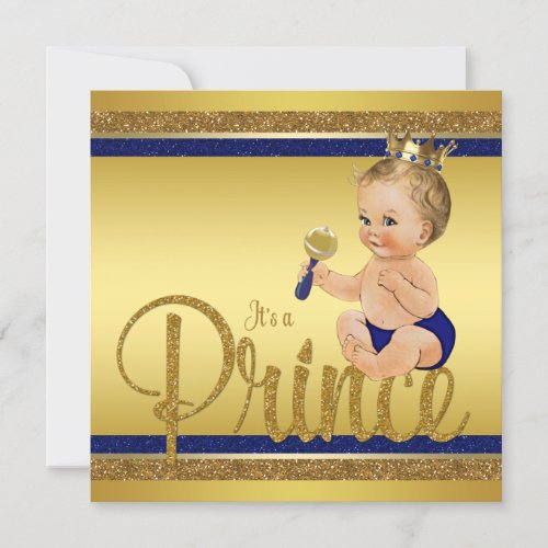 Royal Blue Gold Glitter Prince Baby Shower Invitation