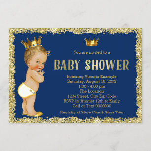 Royal Blue Gold Glitter Prince Baby Shower Invitation