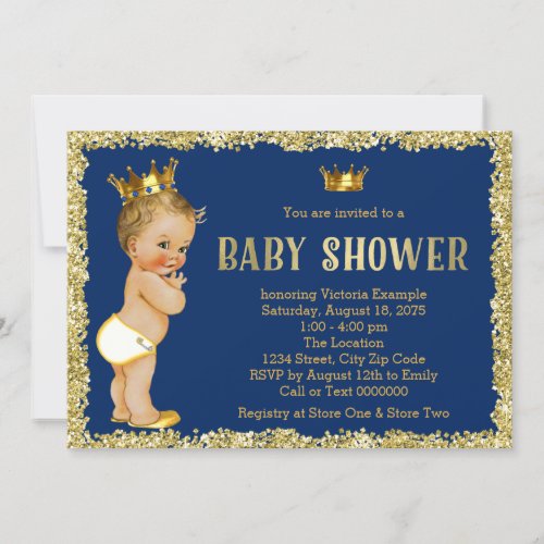 Royal Blue Gold Glitter Prince Baby Shower Invitation