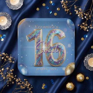 Royal Blue Gold Glitter Sparkle Sweet 16 Birthday Paper Plates