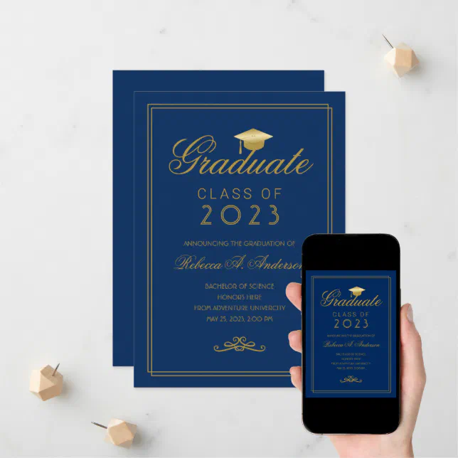 Royal Blue Gold Grad Cap College Graduation Announcement | Zazzle