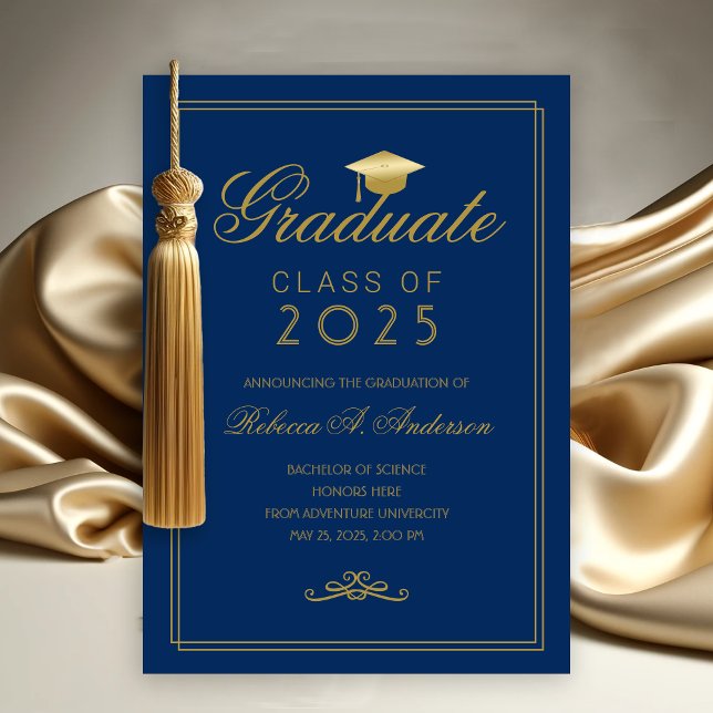 Royal Blue Gold Grad Cap College Graduation Announcement (Blue and Gold College Graduation Announcement)