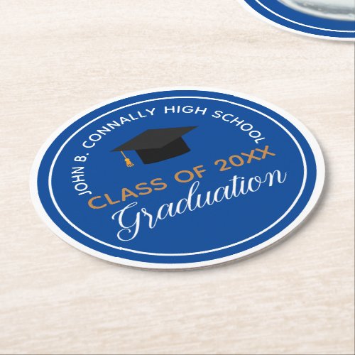 Royal Blue Gold Graduation Custom School Party Round Paper Coaster