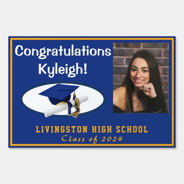 Royal Blue & Gold Graduation Photo Lawn Sign (Front)