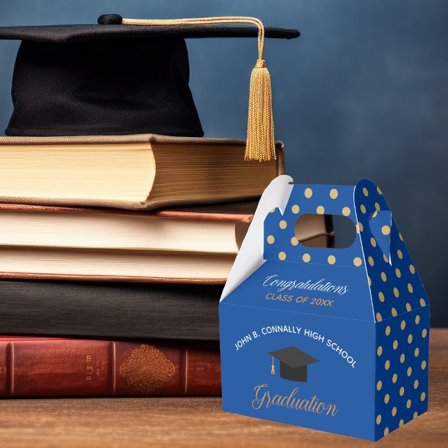 Royal Blue Gold Graduation Polka Dot Custom Party Favor Boxes (Creator Uploaded)