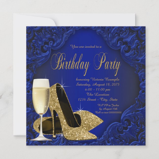 Royal Blue Gold High Heel Champagne Birthday Party Invitation (Front)