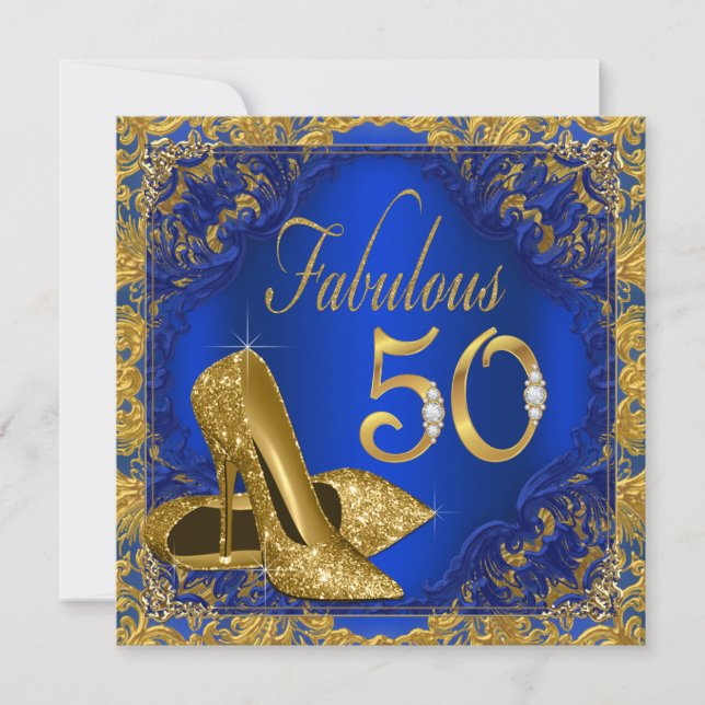 Royal Blue Gold High Heel Fabulous 50th Birthday Invitation (Front)
