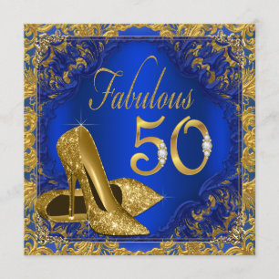 Royal Blue Gold High Heel Fabulous 50th Birthday Invitation