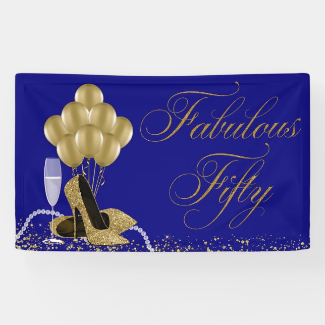 Royal Blue Gold High Heel Shoe Pearl 50th Birthday Banner (Horizontal)
