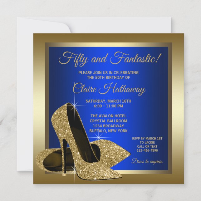 Royal Blue Gold High Heels Womans Birthday Party Invitation (Front)