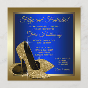 Royal Blue Gold High Heels Womans Birthday Party Invitation