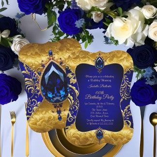 Royal Blue Gold Jewel Damask Birthday Party Invitation