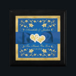 Royal Blue, Gold Joined Hearts Keepsake Box<br><div class="desc">This small wooden box for keepsakes or jewelry has a royal blue and simulated gold tile inlay that has a printed on royal blue ribbon and bow with a pair of jewels and simulated gold glitter joined hearts in the center. The name of the happy couple is printed in pale...</div>