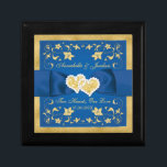 Royal Blue, Gold Joined Hearts Keepsake Box<br><div class="desc">This small wooden box for keepsakes or jewelry has a royal blue and simulated gold tile inlay that has a printed on royal blue ribbon and bow with a pair of jewels and simulated gold glitter joined hearts in the center. The name of the happy couple is printed in pale...</div>