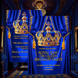 Royal Blue Gold King Queen Crown Birthday Party Invitation