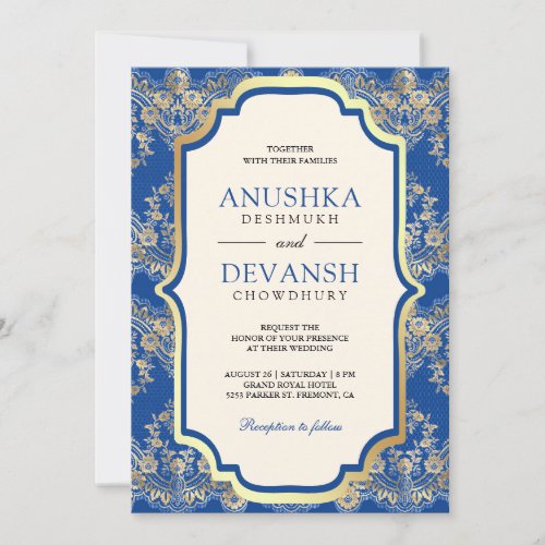 Royal Blue Gold Lace Indian Wedding Invitation