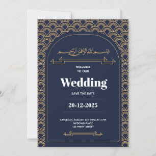 Royal Blue Gold Lace QR Code Muslim Wedding Invitation