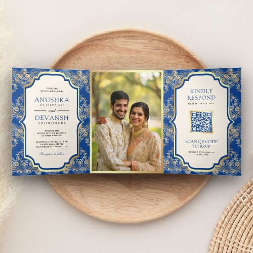 Royal Blue Gold Lace QR Code Photo Indian Wedding Tri_Fold Invitation