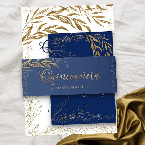 Royal Blue Gold Leaf and Confetti Quinceanera Invitation Belly Band