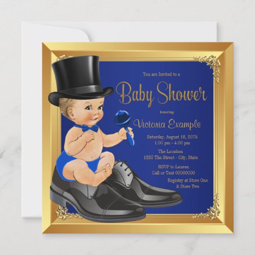 Royal Blue Gold Little Man Baby Shower Invitation