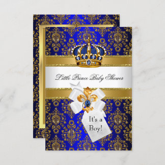 Royal Blue Gold Little Prince Crown Baby Shower Invitation