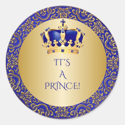 Royal Blue  Gold Little Prince Crown Classic Round Sticker