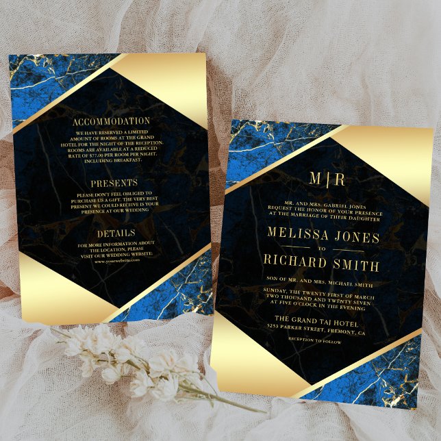 Royal Blue Gold Marble Monogram All in One Wedding Invitation (Creator Uploaded)