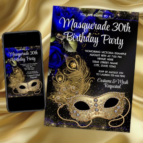 Royal Blue Gold Masquerade Party Invitation