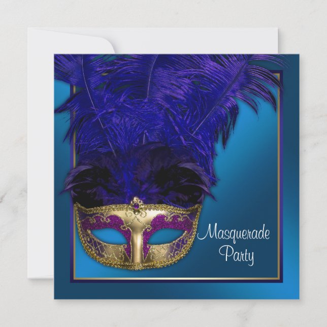 Royal Blue Gold Masquerade Party Invitations (Front)