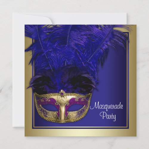 Royal Blue Gold Masquerade Party Invitations