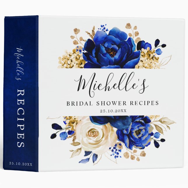 Royal Blue Gold Metallic Bridal Shower recipes 3 Ring Binder (Front/Spine)