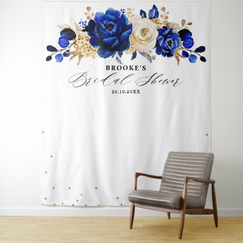 Royal Blue Gold Metallic Floral Bridal shower Tapestry