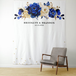 Royal Blue Gold Metallic Floral Wedding Tapestry