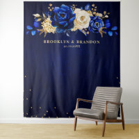 Royal Blue Gold Metallic Floral Wedding Tapestry