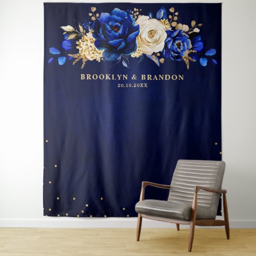 Royal Blue Gold Metallic Floral Wedding Tapestry