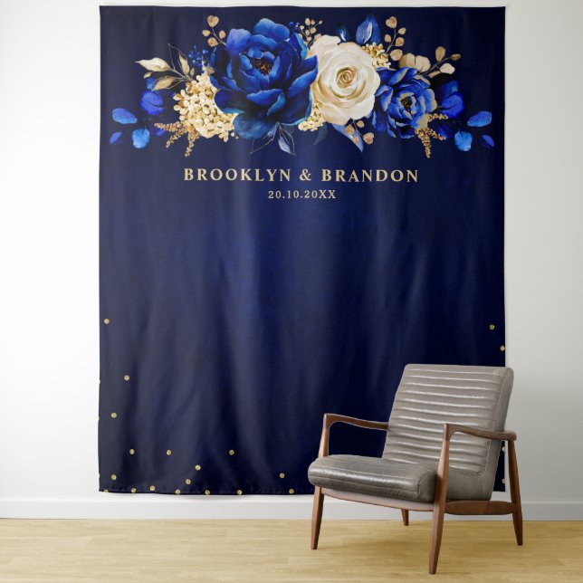 Royal Blue Gold Metallic Floral Wedding Tapestry (In Situ)