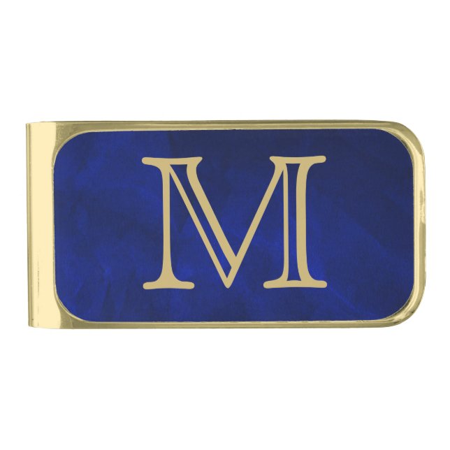 Royal Blue Gold Monogram Gold Finish Money Clip (Front)
