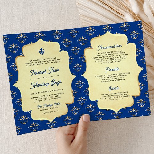Royal Blue Gold Ornate Anand Karaj Sikh Wedding Invitation