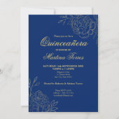Royal Blue Gold Outline Flowers Floral Quinceanera Invitation (Front)