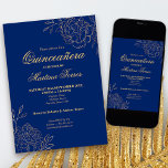 Royal Blue Gold Outline Flowers Floral Quinceanera Invitation<br><div class="desc">Part of our Gold and Dark Blue Quinceanera Collection, these elegant Quinceanera Invitations can be completely personalized with your custom details. The chic floral design features fine botanical line drawings of flowers and leaves in gold, along with classy script typography. An alternative version of this invitation is also available if...</div>